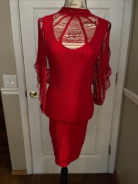 bebe Red Midi Dress with Shredded Back and Fringe Sleeves